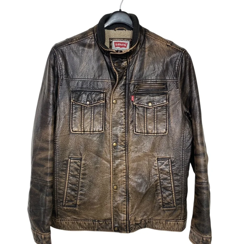 Levi's brown distressed XL faux leather Trucker/biker style jacket - Picture 2 of 15